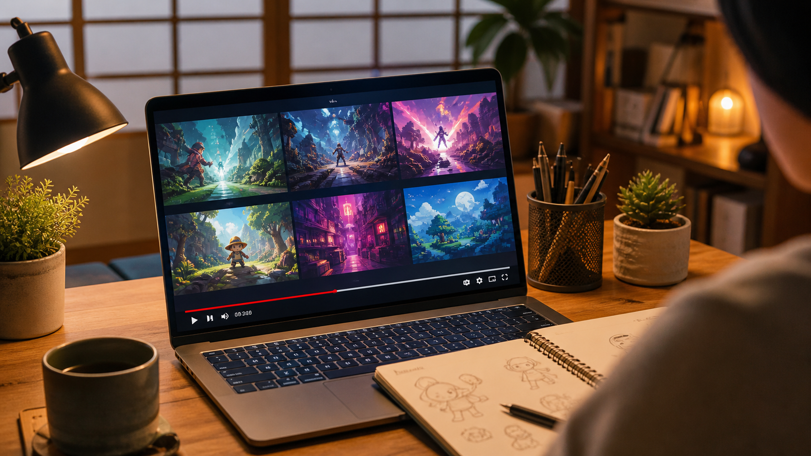 Watching an indie game event livestream at a desk